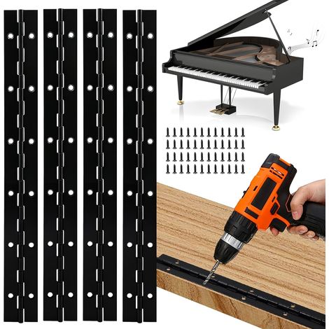 Lot de 4 charnières de piano en acier inoxydable, charnières continues robustes pour bois, quincaillerie pour porte d'armoire, boîte, piano, meubles de bateau, noir (1/5)