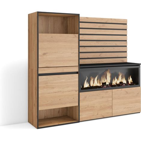 Skraut Home - Zapatero, Armario zapatos botas, 167x145x35 cm, Dormitorio, habitación, Chimenea eléctrica XXL, Listones Decorativos, Estilo Moderno, Roble (1/5)