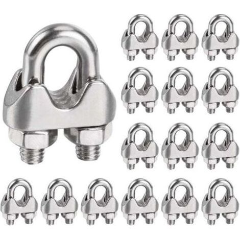 PA-Edelstahl-Kabelklemmen 6 mm, 16 Stück Stahl-Kabelklemmen Befestigungselemente für 6-mm-Metallkabel M6 U-förmige Metall-Kabelklemmen für 6-mm-Durchmesser (M6) Metallkabel (1/4)