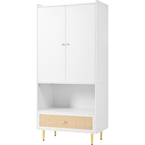 2-türiger Schrank mit Rattanschublade, Kleiderstange und offenem Fach, Weiß, 80x48x175 cm (1/5)