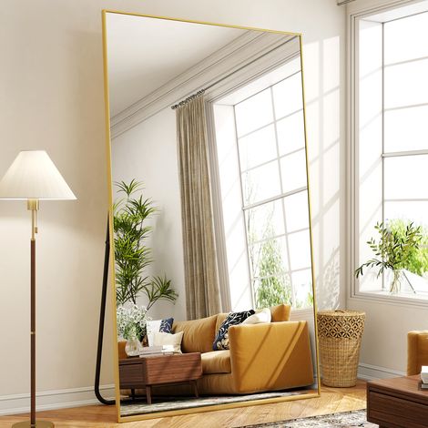 Koonmi miroir rectangulaire pleine hauteur - 100 x 218 cm - Mural ou sur pied - Gold