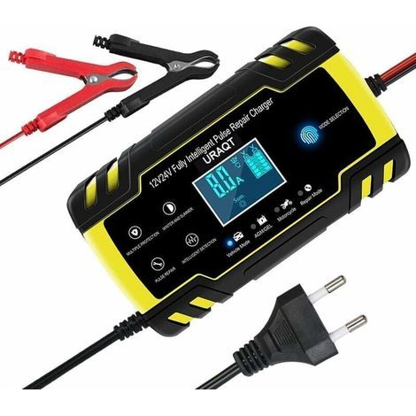 Chargeur de batterie de voiture, 8 A 12 V/24 V, entièrement automatique, avec écran LCD, pour voitures, motos, tondeuses à gazon ou bateaux. (1/4)