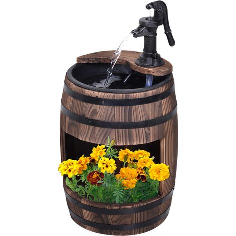 Outsunny Wood Barrel Pump Garden Fountain Water Feature Flower Planter Stand New (1/5)