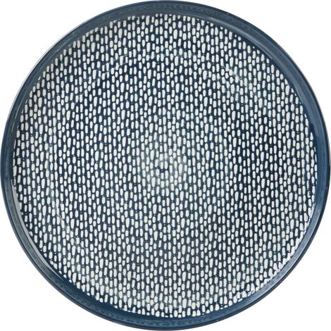 Assiette Plate Bleue Ø 27 cm en Grés - Collection SUIVEZ L'ARTISTE - Décor Graphique Blanc
