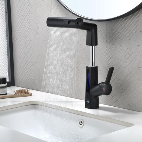 Robinet Lavabo Cascade, 3 Modes Moderne Mitigeur Lavabo avec Affichage Numérique LED, Tirable, Rotatif, Réglable en Hauteur, 59A Laiton Mitigeur de Salle de Bain, pour Salles de Bains, Hôtels (1/5)