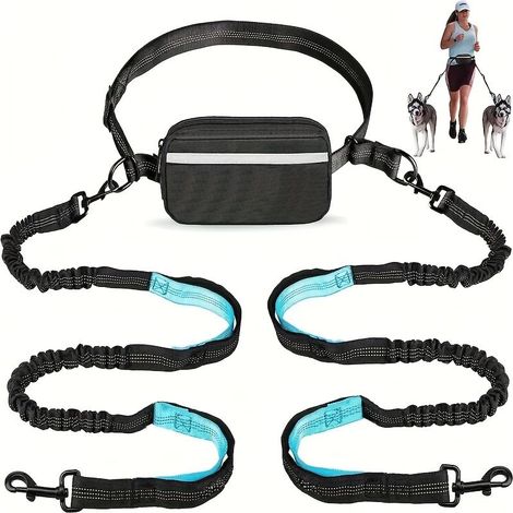 Laisse de course pour chien, réglable et portable, avec double poignée et cordon élastique rétractable – Design durable Noir et Cyan (1/4)