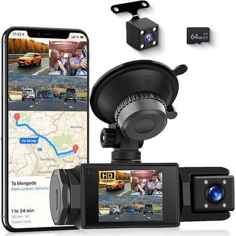 Cámara de salpicadero WiFi para coche: cámara inalámbrica de 3 canales con aplicación, Full HD 1080P, pantalla IPS de 2”, tarjeta 64 GB incluida (1/5)