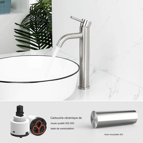 Robinet de Lavabo, Robinet Mitigeur Lavabo Haut de Salle de Bains avec Bec Haut, Mitigeur avec Raccordement Eau Froide/Chaud, Gris (1/4)