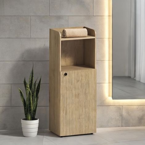 Meuble colonne de salle de bain en bois avec rangement fermé oak (1/5)