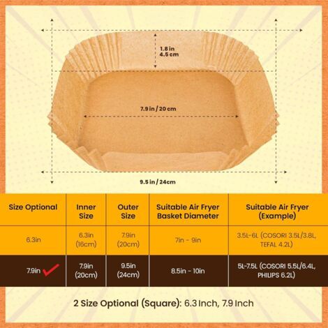 Papier de cuisson pour friteuse à air - 100 feuilles, qualité alimentaire, sans BPA, 20 x 20 cm, convient aux friteuses à air de 5 à 8 litres - idéal pour une cuisine saine. (1/3)
