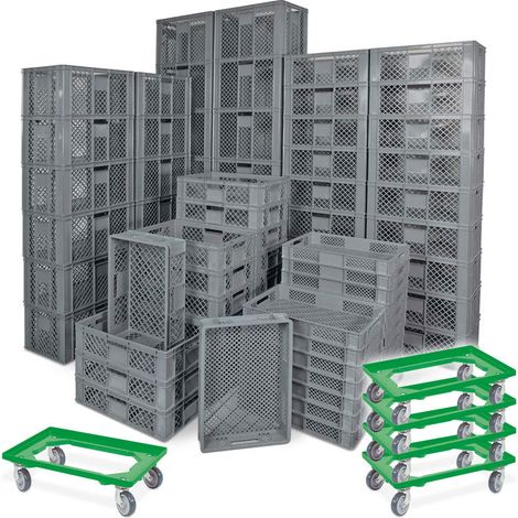 BRB 78 Stück Stapelkörbe/Bäckerkästen in 5 Größen, Grundmaß LxB 600x400 mm, H 90 mm, 150 mm, 240 mm, 320 mm, 410 mm, Farbe grau + 5x Transportroller, grün