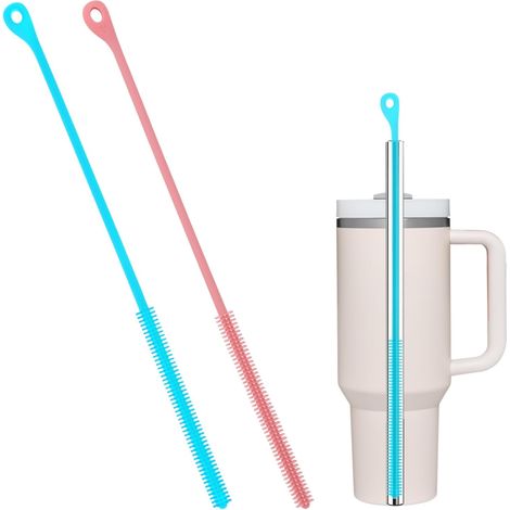 2pcs Brosses de Nettoyage pour Pailles, 24cm Extra Longues Brosse Paille en Silicone pour Pailles en Métal Verre Plastique et Tuyaux Flexibles (Rose, Bleu) (1/5)