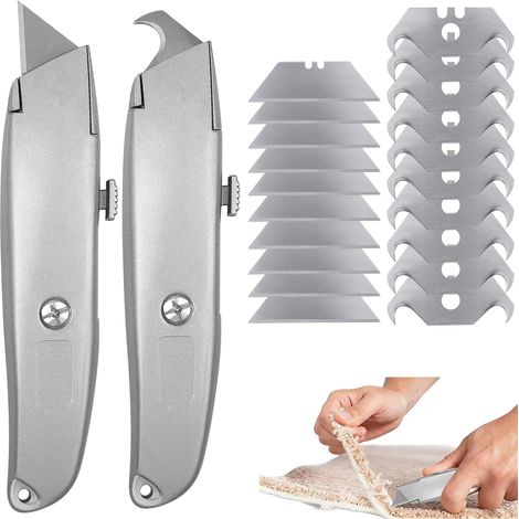 Cutter Avec Sécurité Pour Moquette Et Sols PVC, Cutter Pour Lames Trapézoïdales Et Lame Crochet, Set Couteau Utilitaire Aluminium 2 Pièces Avec 20 Lames Alliage (1/5)