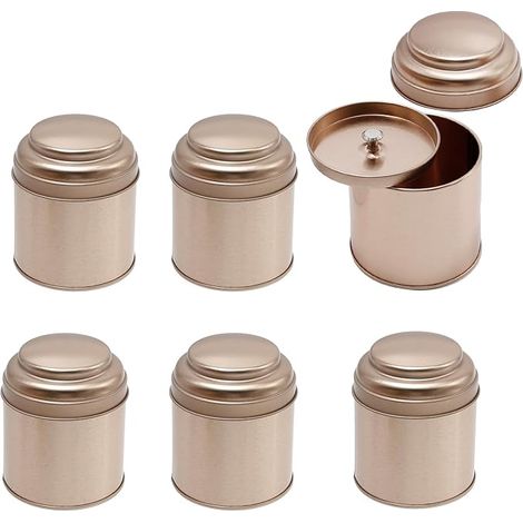 Paquete de 6 botes redondos de hojalata color oro rosa para té con tapas dobles herméticas. (1/5)