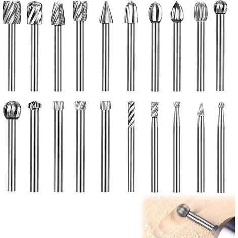 Lot de 20 forets de sculpture sur bois pour outil rotatif, kit de fraises rotatives HSS avec tige de 3 mm, fraises à bois pour bricolage, travail du bois, sculpture, gravure, perçage (1/5)