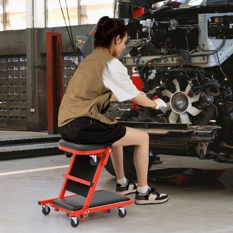 Chariot de Visite Pliable Tabouret d'Atelier Convertible avec Siège Rembourré 6 roulettes Planche de Travail Mécanicien Charge 160 kg Noir (1/2)