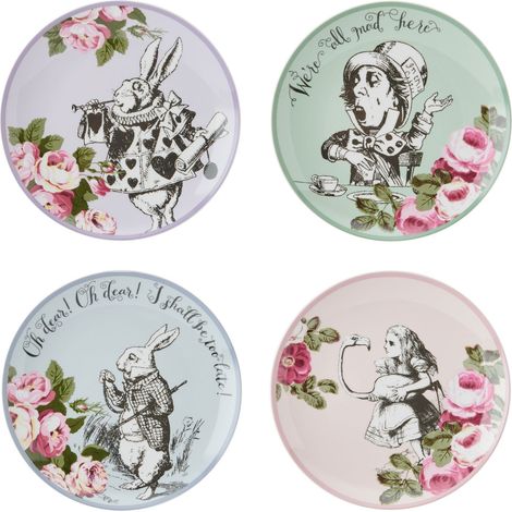 MIKASA e The V&ampA - Set de 4 piatti da torta per il tè pomeridiano de, 21 cm, bone china, tè de Alice nel Paese delle Meraviglie, lavabili in lavastoviglie e in confezione regalo de