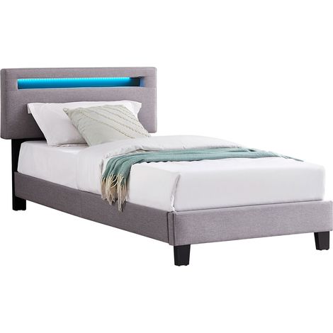 Idimex – Lit simple avec tiroirs 90x190 cm – Tissu capitonné gris – Éclairage LED intégré – Hauteur tête de lit réglable 91-101 cm