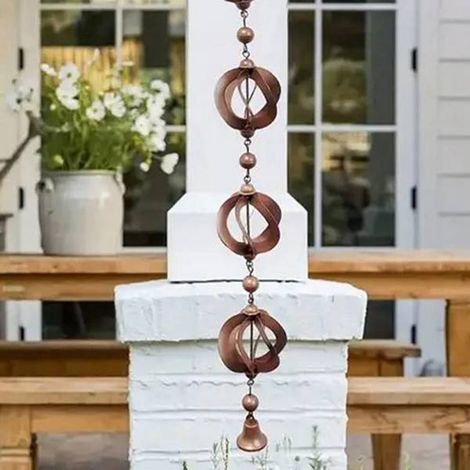 Available in one color only: see photo. Material: metal. Outdoor rain garland, wind chime, hanging garden decoration.