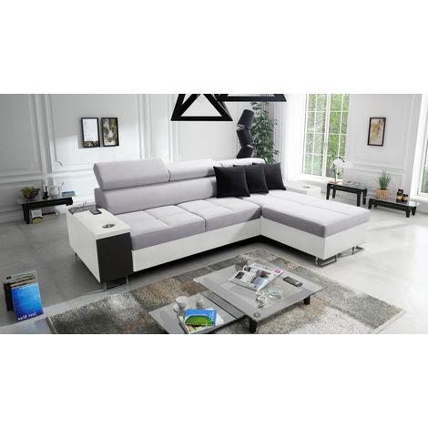 Bequemes Ecksofa mit Schlaffunktion MORENA I MAXI Kunstleder/Sawana Weiß/Hellgrau Rechts (1/5)