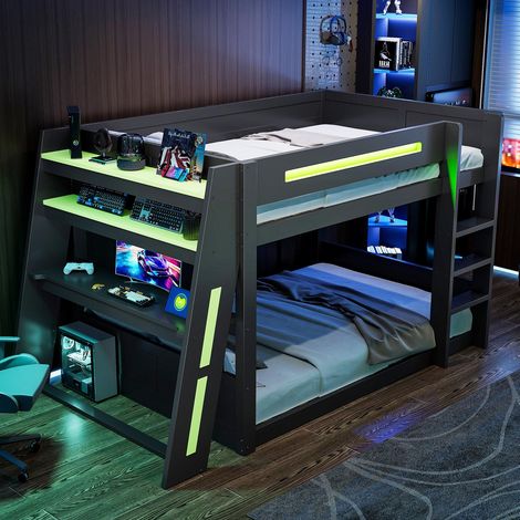 Lit mezzanine 140x200 cm avec bureau, lit gamer gain de place pour chambre d'ado avec LED et port USB, avec étagères de rangement, Noir et Vert (1/5)
