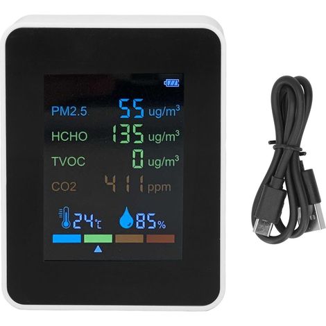 Détecteur de Qualité d'Air 6 en 1 avec Mesure CO2, PM2.5, HCHO, Température - Alimentation USB - Blanc (1/5)