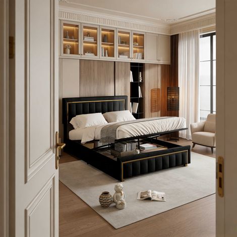 Letto contenitore 140x200 cm in velluto nero, letto matrimoniale imbottito con rete a doghe, testiera moderna, design contemporaneo