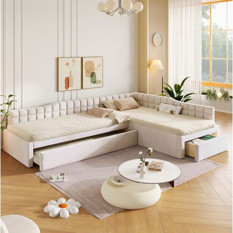 Lit d’angle capitonné 90x200 cm beige avec lit gigogne et tiroirs (1/5)