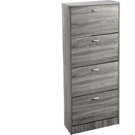 Armario para zapatos Atena 63x24x150 cm, diseño vertical en roble gris, 4 puertas abatibles con divisores.