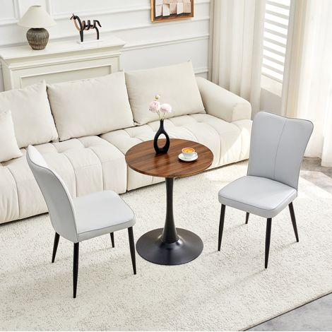 Ensemble table ronde 60 cm en MDF avec pied noir et 2 chaises PU gris clair (1/5)