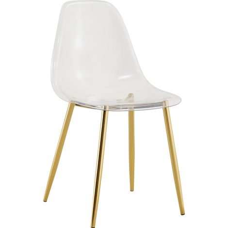 Table à manger ronde 85 cm en verre trempé, avec 4 chaises transparentes en plastique, base métal doré, style moderne pour salle à manger, cuisine CHICFURN (1/5)