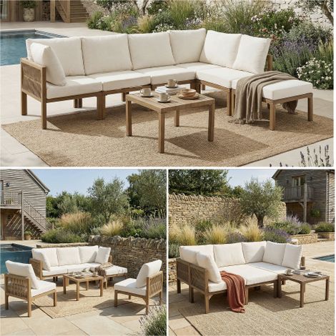 Garten-Essgruppe,Gartenmöbel-Set, Garten-Loungesessel-Set, Ecksofa, Outdoor-Relaxbett, Esstisch,Kann in ein Liegebett umgewandelt werden,Modulares Sofa, beige + holzfarben