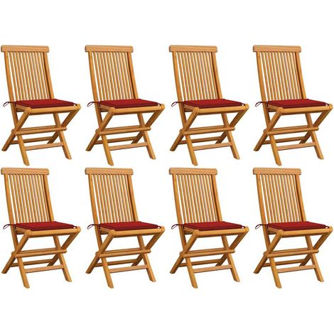 Gartenstühle mit Roten Kissen 8 Stk. Massivholz Teak