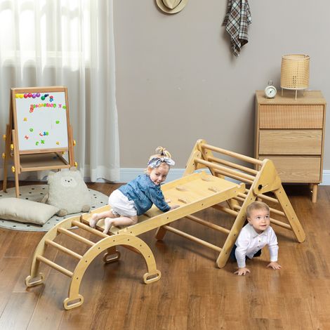 Triangle d’escalade 178x64,5x63 cm naturel en bois pliant 5 en 1 avec rampe en arc pour enfants en (1/4)