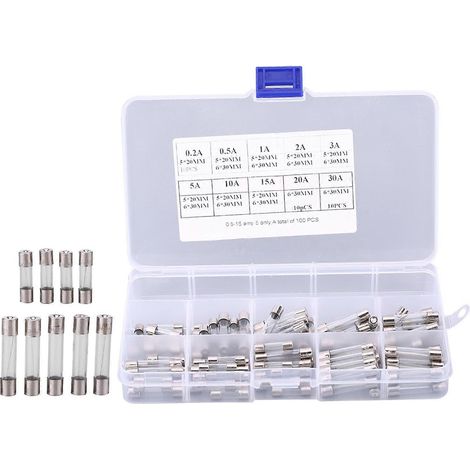 Kit de 100 fusibles en verre pour voiture (assortiment de 5 x 20 mm et 6 x 30 mm) : 0,2 A, 0,5 A, 1 A, 2 A, 3 A, 5 A, 10 A, 15 A, 20 A et 30 A. (1/5)