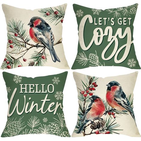 Fundas de cojín decorativas con motivo de camachuelo. Juego de 4 fundas de cojín de 45 x 45 cm, de color verde con estampado de bayas rojas, ideales para decoración de exteriores. (1/4)