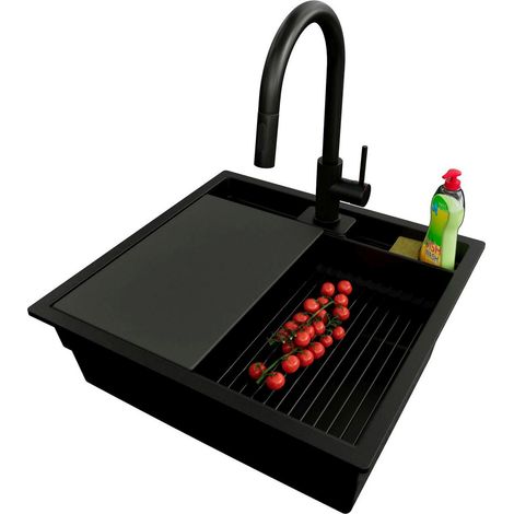 PRIMAGRAN Evier Sous Plan 56x54cm,Evier en Granit 1 bac + Robinet 40x20cm + Kit de Vidage + Accessoires, Évier au meuble 60cm - Bergen Pocket, Tout Noir