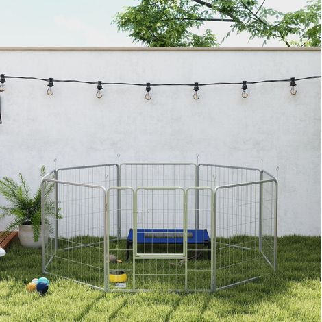 Parque para perros plegable de 8 paneles, 80 cm de alto, con puerta, acero plateado OKMYHOME (1/5)