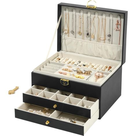 Joyero con 3 compartimentos extraíbles para guardar joyas, anillos, pendientes y pulseras, fabricado en piel impermeable (negro).