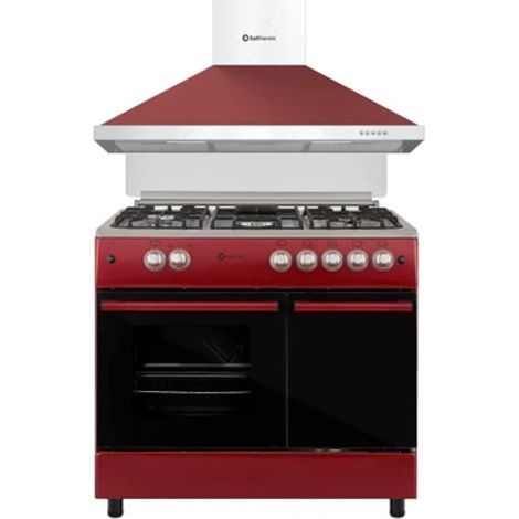 SOLTHERMIC COMBO PACK COCINA GAS ROJA PORTABOMBONA F9LT50G2 Y CAMPANA DECORATIVA 8924 ROJA 90