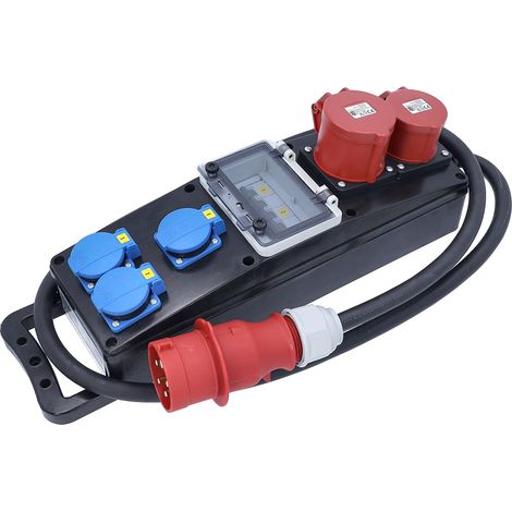 Multiprise CEE 60813 en Caoutchouc Plein 2 m H07RN-F 5G6-3X Schuko 230 V 16 A 1 x CEE 400 V 32 A LS Répartiteur de Courant de Chantier Fabriqué en Allemagne (1/3)