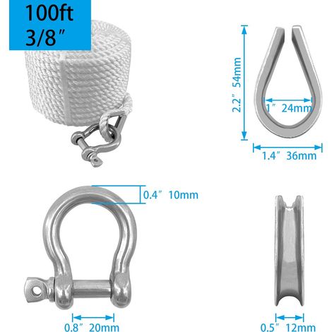 Marine double-braided nylon anchor rope, platinum dock rope, dry dock rope, mooring line, marine accessories - 9mm100ft (with shackle) - with shackle (1/3)