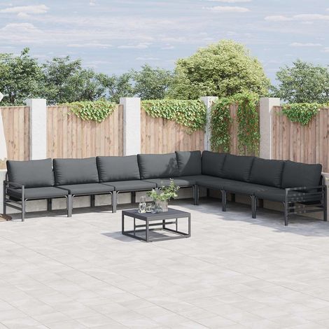 Salon de jardin 8 pièces avec coussins en acier noir, canapé d’angle et assises extérieures - PANGIVO (1/5)