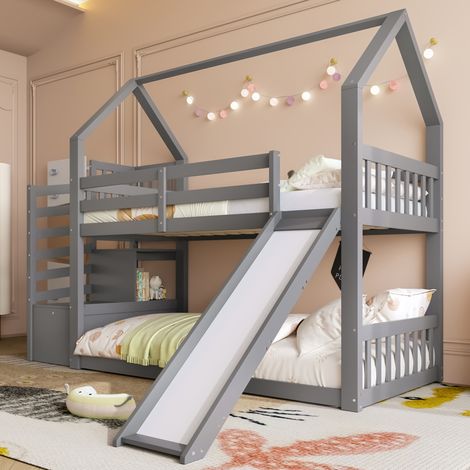 Letto a castello bambini 90x200 cm con scala contenitore, scivolo e letto a casetta con sponda di sicurezza, grigio, materasso non incluso (1/5)