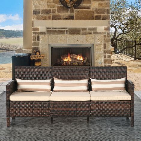 Divano Outsunny in rattan con cuscini, tre posti, divano da giardino, acciaio, marrone, 173 x 68 x 78 cm (1/5)