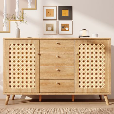 Buffet de salon à 4 tiroirs et 2 portes en rotin 140 × 40 × 86 cm commode en bois avec étagères réglables Chêne clair (1/5)