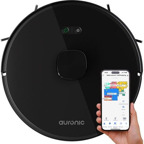 [JAMAIS UTILISE] Auronic Auronic Robot Aspirateur - Avec fonction balayage - WiFi et App - Station de charge - Animaux domestiques - Robot balayeur - Navigation laser - Noir