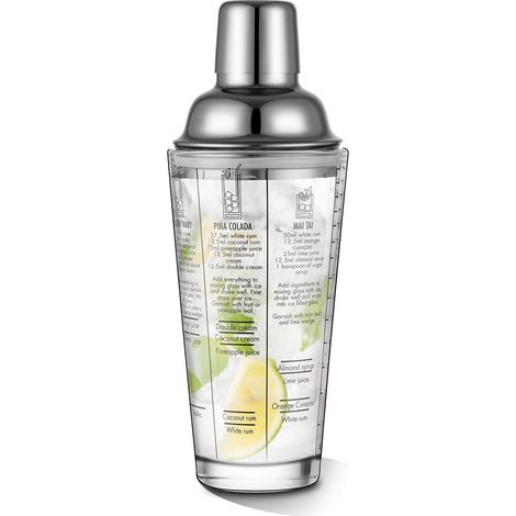Shaker à cocktails en verre imprimé de recettes, shaker avec double doseur, shaker à cocktails en acier inoxydable (1/5)