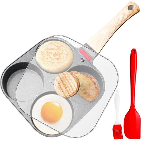 Poêle à œufs au plat, avec couvercle, 28 cm, à 4 trous, en aluminium, antiadhésive, pour cuisinière à induction et cuisinière à gaz, poêle à petit-déjeuner pour omelettes/crêpes, noire (1/5)