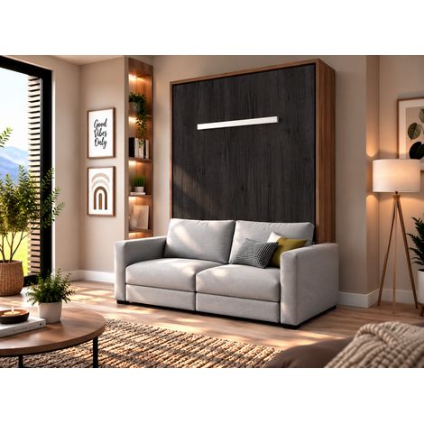 Lit escamotable vertical KIMBER avec canapé tissu intégré – Le salon le jour, un vrai lit la nuit Noyer Gris clair-90x190-Cadre Noyer-Façade Carbone-Canapé Gris clair (1/5)